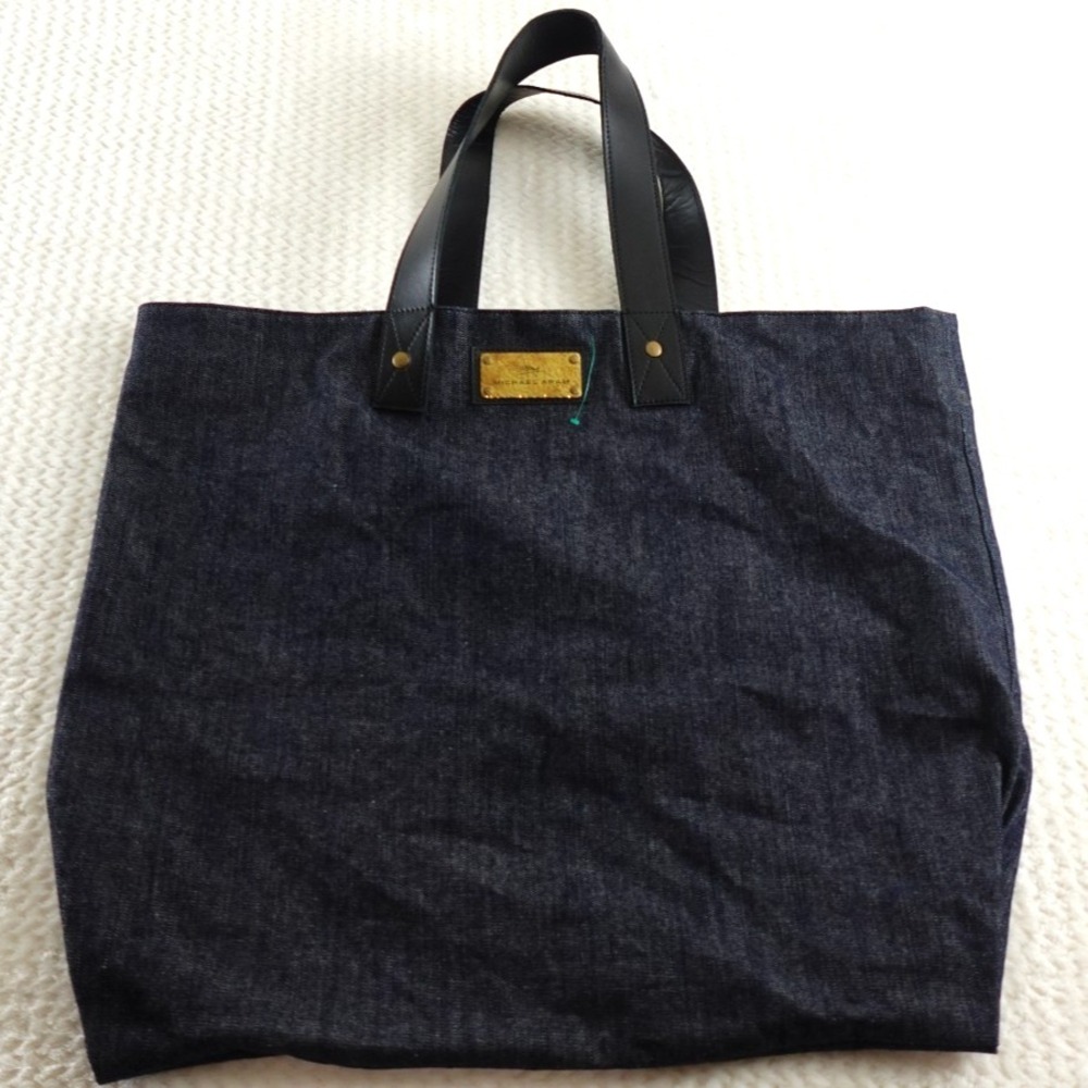 MICHAEL ARAM  HAMMERED METAL LOGO TOTE BAG DENIM  WITH LEATHER STRAPS